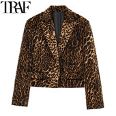 Dámske sako TRAF Leopard Skrátené dámske saká Vintage Jesenné Zvieracie Potlač Priliehavé Sako Zamatové Dlhé Rukávy Neformálne Sako