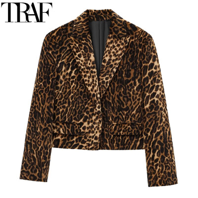 Dámske sako TRAF Leopard Skrátené dámske saká Vintage Jesenné Zvieracie Potlač Priliehavé Sako Zamatové Dlhé Rukávy Neformálne Sako