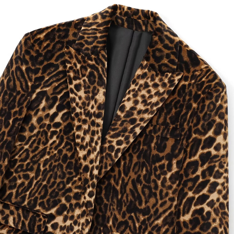 Dámske sako TRAF Leopard Skrátené dámske saká Vintage Jesenné Zvieracie Potlač Priliehavé Sako Zamatové Dlhé Rukávy Neformálne Sako