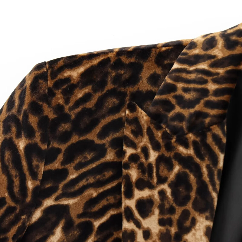 Dámske sako TRAF Leopard Skrátené dámske saká Vintage Jesenné Zvieracie Potlač Priliehavé Sako Zamatové Dlhé Rukávy Neformálne Sako