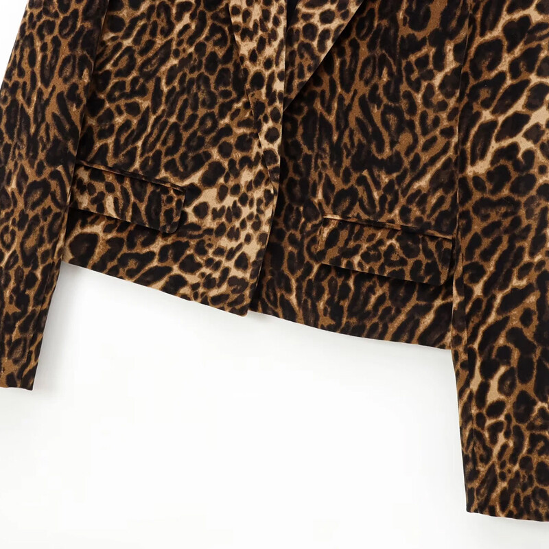 Dámske sako TRAF Leopard Skrátené dámske saká Vintage Jesenné Zvieracie Potlač Priliehavé Sako Zamatové Dlhé Rukávy Neformálne Sako