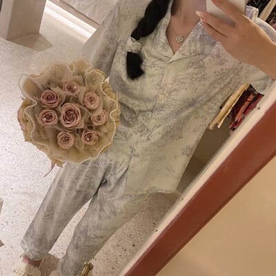 Φθινοπωρινό Χειμώνας Νέα Γυναικεία Ρούχα Σπίτι Ice Silk Ζακέτα με πέτο με κουμπιά 2 τεμαχίων Γυναικεία Πιτζάμες εκτύπωσης Senior για γυναίκες