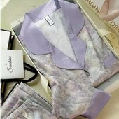 Gėlės su ruoželiniais raštais Prabangios moteriškos pižamos pavasario rudens dviejų dalių rinkiniai ilgi moteriški salonai, imituotas šilkas, 2024 m., nauji Y2k namų drabužiai