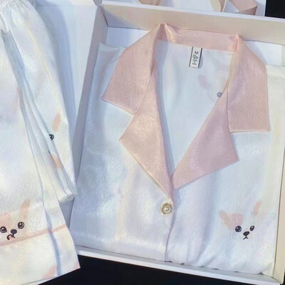 Gėlės su ruoželiniais raštais Prabangios moteriškos pižamos pavasario rudens dviejų dalių rinkiniai ilgi moteriški salonai, imituotas šilkas, 2024 m., nauji Y2k namų drabužiai