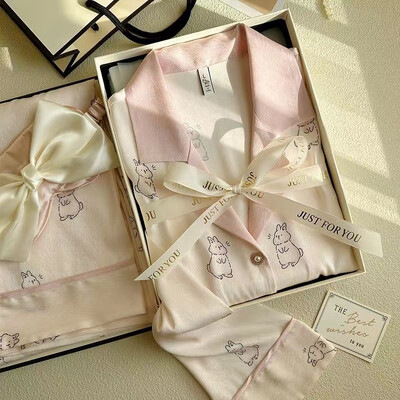 Gėlės su ruoželiniais raštais Prabangios moteriškos pižamos pavasario rudens dviejų dalių rinkiniai ilgi moteriški salonai, imituotas šilkas, 2024 m., nauji Y2k namų drabužiai