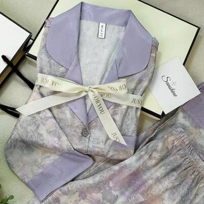 Gėlės su ruoželiniais raštais Prabangios moteriškos pižamos pavasario rudens dviejų dalių rinkiniai ilgi moteriški salonai, imituotas šilkas, 2024 m., nauji Y2k namų drabužiai