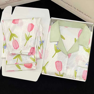 Gėlės su ruoželiniais raštais Prabangios moteriškos pižamos pavasario rudens dviejų dalių rinkiniai ilgi moteriški salonai, imituotas šilkas, 2024 m., nauji Y2k namų drabužiai