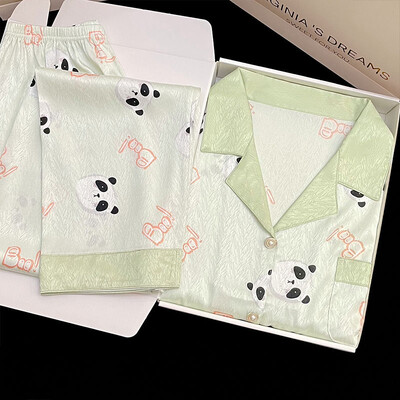 Gėlės su ruoželiniais raštais Prabangios moteriškos pižamos pavasario rudens dviejų dalių rinkiniai ilgi moteriški salonai, imituotas šilkas, 2024 m., nauji Y2k namų drabužiai