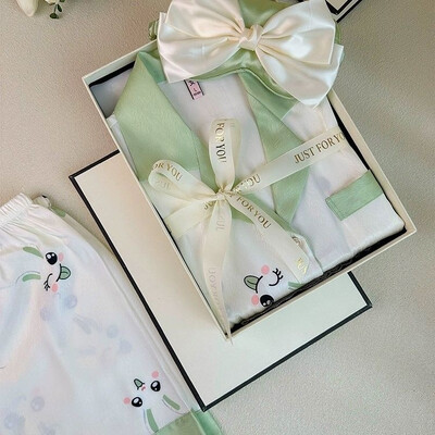 Gėlės su ruoželiniais raštais Prabangios moteriškos pižamos pavasario rudens dviejų dalių rinkiniai ilgi moteriški salonai, imituotas šilkas, 2024 m., nauji Y2k namų drabužiai