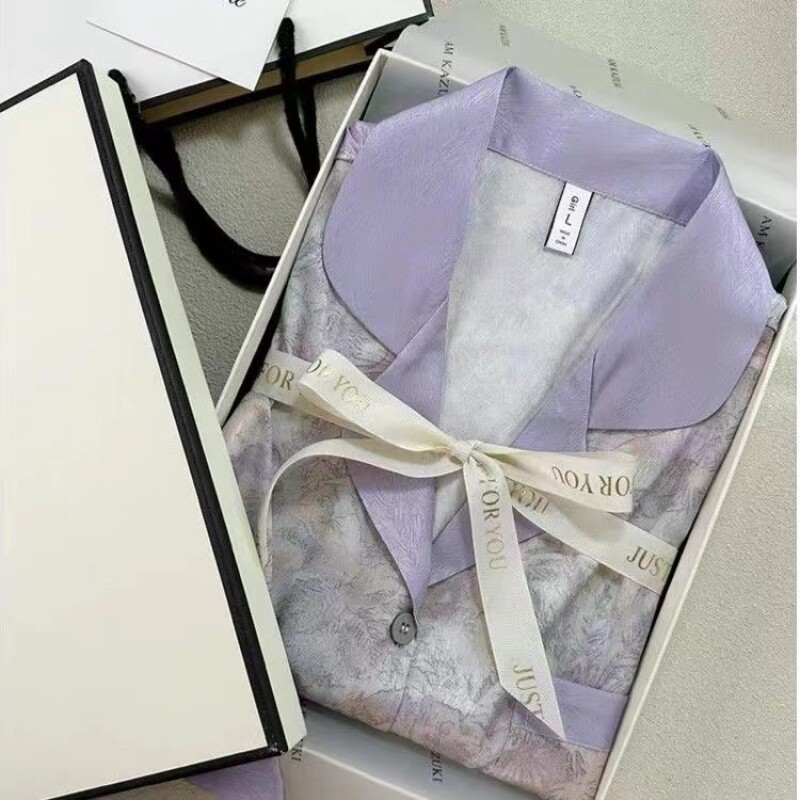 Gėlės su ruoželiniais raštais Prabangios moteriškos pižamos pavasario rudens dviejų dalių rinkiniai ilgi moteriški salonai, imituotas šilkas, 2024 m., nauji Y2k namų drabužiai