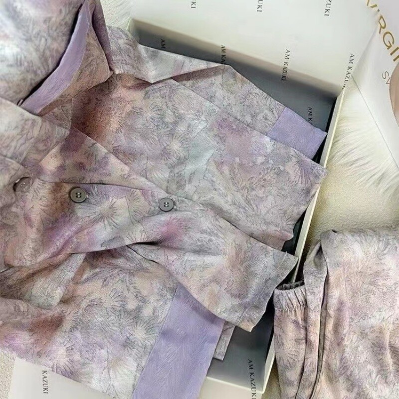 Gėlės su ruoželiniais raštais Prabangios moteriškos pižamos pavasario rudens dviejų dalių rinkiniai ilgi moteriški salonai, imituotas šilkas, 2024 m., nauji Y2k namų drabužiai