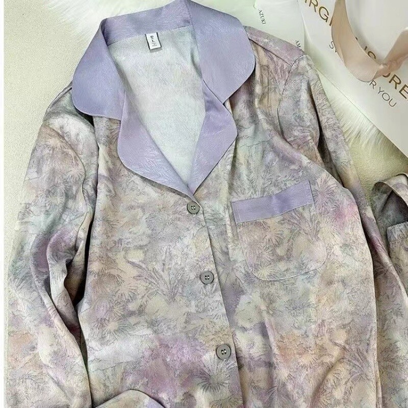 Gėlės su ruoželiniais raštais Prabangios moteriškos pižamos pavasario rudens dviejų dalių rinkiniai ilgi moteriški salonai, imituotas šilkas, 2024 m., nauji Y2k namų drabužiai