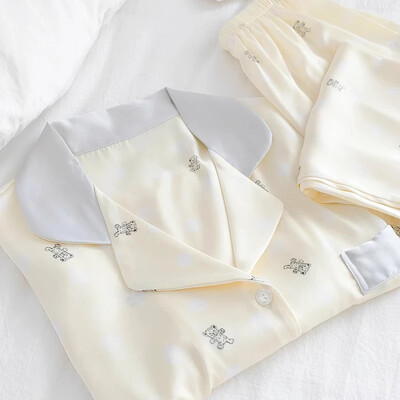 Сладка Kawaii Little Bear Дамска пижама Френска Y2k Елегантна Harajuku Lazy Casual Nightgown 2024 Нов летен комплект с къс ръкав+панталон