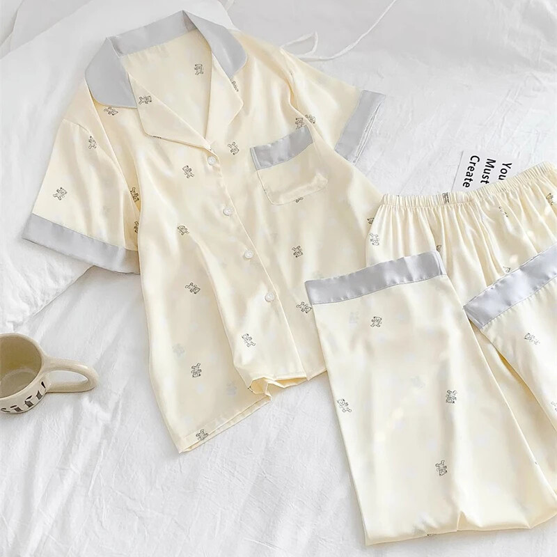 Aranyos Kawaii Little Bear női pizsama francia Y2k elegáns Harajuku Lazy alkalmi hálóing 2024 új nyári rövid ujjú+nadrág szett