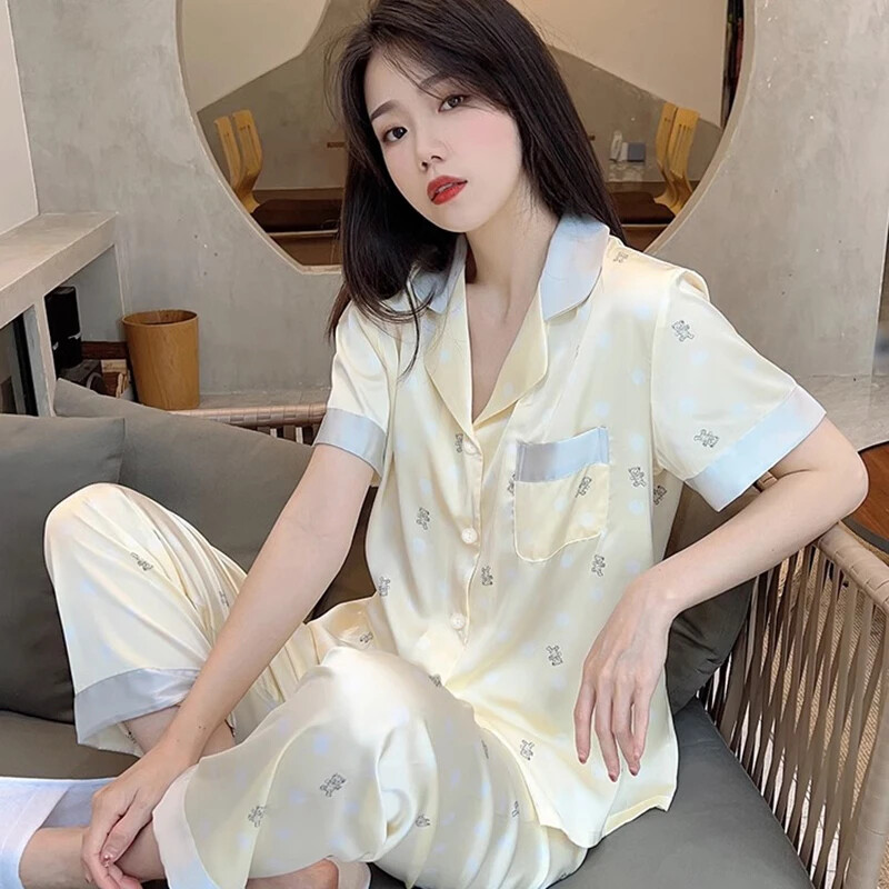 Aranyos Kawaii Little Bear női pizsama francia Y2k elegáns Harajuku Lazy alkalmi hálóing 2024 új nyári rövid ujjú+nadrág szett