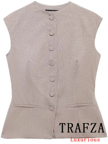 TRAFZA Vintage Casual Chic Γυναικείο Μπλέιζερ Γυναικείο Μπλέιζερ Καρό Αμάνικο Μονόστηθο Μόδα Φθινοπωρινό 2024