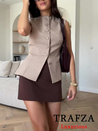 TRAFZA Vintage Casual Chic Γυναικείο Μπλέιζερ Γυναικείο Μπλέιζερ Καρό Αμάνικο Μονόστηθο Μόδα Φθινοπωρινό 2024