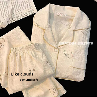 Mākoņu raksta sieviešu pidžamu komplekts, atloks jaciņš Preppy stila garām piedurknēm, brīvi pieguļoši, saldi, mīļi mājas apģērba uzvalks ziemai, plāns materiāls