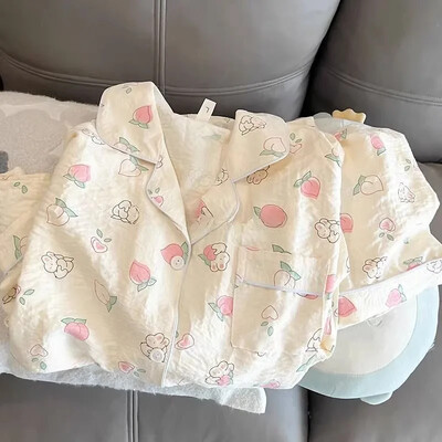 Dámske pyžamové súpravy s oblačným vzorom, klopový kardigan, preppy štýl, dlhý rukáv, voľný strih, sladký, roztomilý domáci oblek, zimný tenký materiál