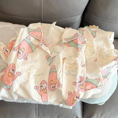 Dámske pyžamové súpravy s oblačným vzorom, klopový kardigan, preppy štýl, dlhý rukáv, voľný strih, sladký, roztomilý domáci oblek, zimný tenký materiál