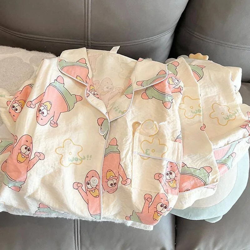 Dámske pyžamové súpravy s oblačným vzorom, klopový kardigan, preppy štýl, dlhý rukáv, voľný strih, sladký, roztomilý domáci oblek, zimný tenký materiál