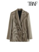Γυναικεία TRAF Fashion Double Breasted Plaid Blazer Παλτό Vintage μακρυμάνικο με πτερύγιο τσέπες Γυναικεία πανωφόρια κομψά γυναικεία γιλέκα
