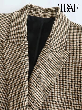 Γυναικεία TRAF Fashion Double Breasted Plaid Blazer Παλτό Vintage μακρυμάνικο με πτερύγιο τσέπες Γυναικεία πανωφόρια κομψά γυναικεία γιλέκα