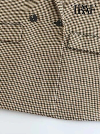 Γυναικεία TRAF Fashion Double Breasted Plaid Blazer Παλτό Vintage μακρυμάνικο με πτερύγιο τσέπες Γυναικεία πανωφόρια κομψά γυναικεία γιλέκα