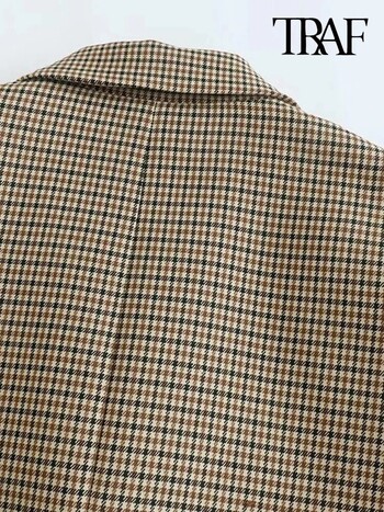 Γυναικεία TRAF Fashion Double Breasted Plaid Blazer Παλτό Vintage μακρυμάνικο με πτερύγιο τσέπες Γυναικεία πανωφόρια κομψά γυναικεία γιλέκα