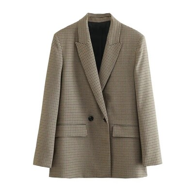 Γυναικεία TRAF Fashion Double Breasted Plaid Blazer Παλτό Vintage μακρυμάνικο με πτερύγιο τσέπες Γυναικεία πανωφόρια κομψά γυναικεία γιλέκα