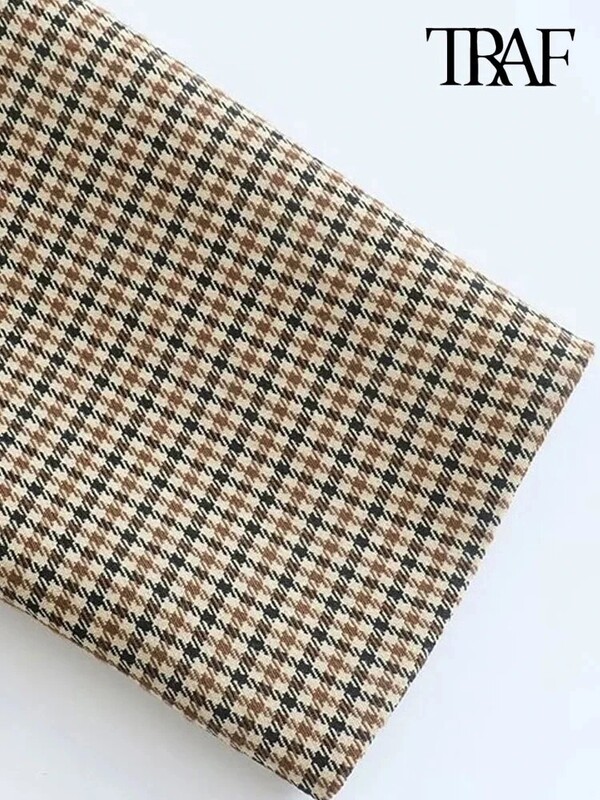Γυναικεία TRAF Fashion Double Breasted Plaid Blazer Παλτό Vintage μακρυμάνικο με πτερύγιο τσέπες Γυναικεία πανωφόρια κομψά γυναικεία γιλέκα