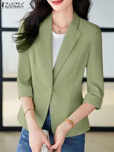 2024 ZANZEA Elegant Women OL Work Blazer Rudens Atloks Kakls 3/4 Piedurknes Vienoti plāni Mēteļi Ikdienas Biroja apģērbi Modes Uzvalki Jakas