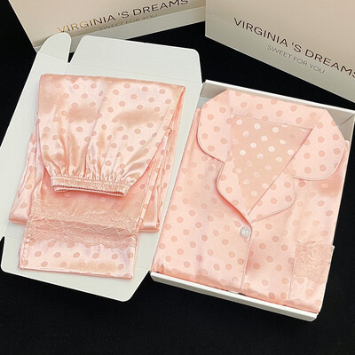 Y2k Pink Sweet Dot Lace Jacquard Női Pizsama Francia Romantikus Lazy Lady Hálóing 2024 Új nyári koreai Harajuku Otthon 2db szett