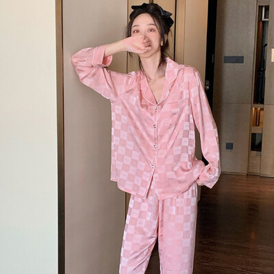 Rózsaszín sakktáblás jacquard női 2 db pizsama francia romantikus harajuku női hálóing 2024 új nyári koreai divatos hálóruha