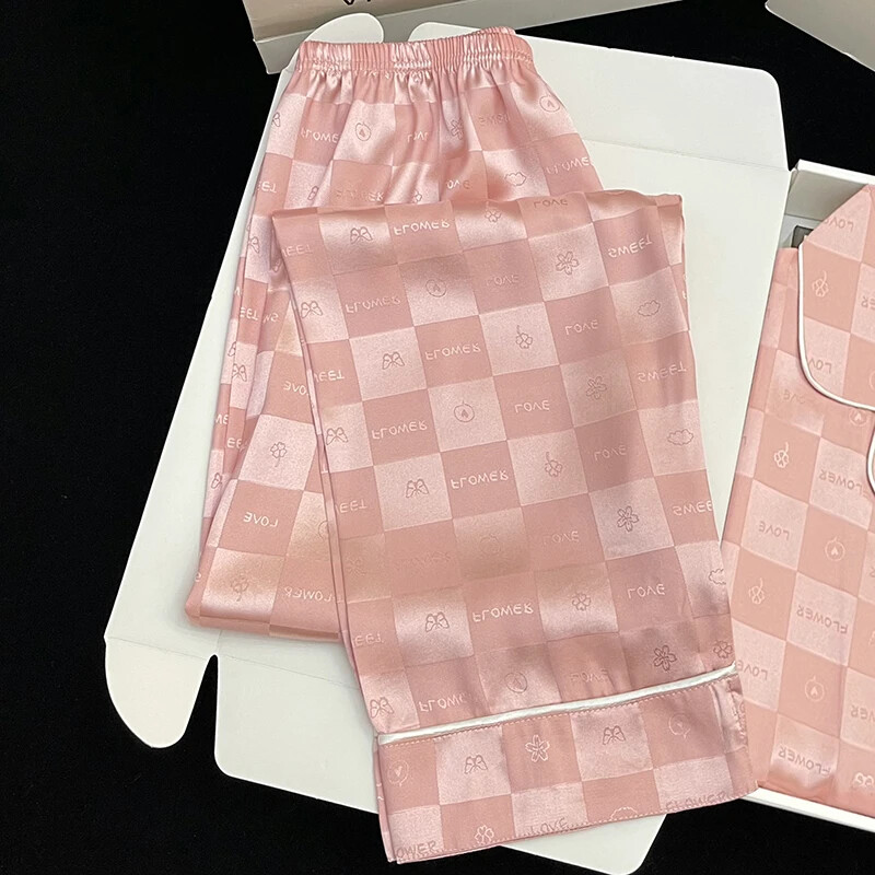 Rózsaszín sakktáblás jacquard női 2 db pizsama francia romantikus harajuku női hálóing 2024 új nyári koreai divatos hálóruha