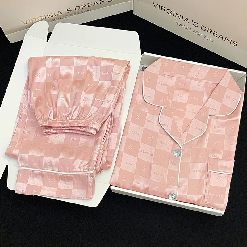 Rózsaszín sakktáblás jacquard női 2 db pizsama francia romantikus harajuku női hálóing 2024 új nyári koreai divatos hálóruha