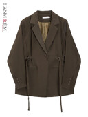 LANMREM öv összefűzött dizájn blézer női vintage hornyolt gallérral egygombos kabát divat 2024 tavaszi új ruházat 2AA4613