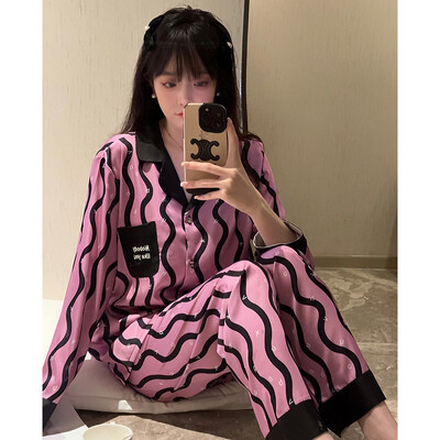 Jxgarb New Arrival Γυναικείο μεταξωτό φθινοπωρινό μακρυμάνικο μπλουζάκι με παντελόνι 2 τεμαχίων σετ πιτζάμες εμπριμέ casual γυναικείο νυχτερινό ύφασμα