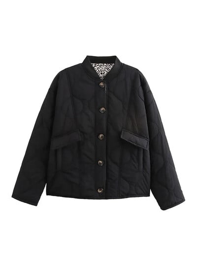 Vintage καπιτονέ παλτό Γυναικεία casual με λαιμόκοψη μονό στήθος μακρυμάνικο μπουφάν Γυναικεία 2024 Νέα φαρδιά πανωφόρια κυρία