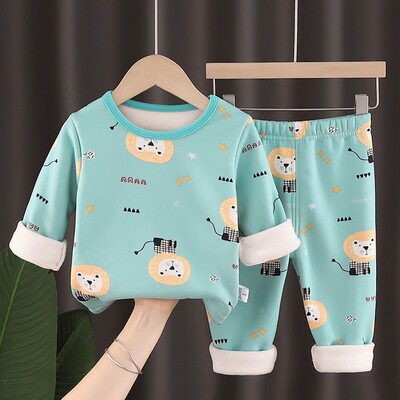 2PCS/Set Podebljana topla dječja pidžama Jesen i Zima Dječje podstavljeno modno mekano donje rublje Elastična kućna odjeća za bebe iz crtanih filmova