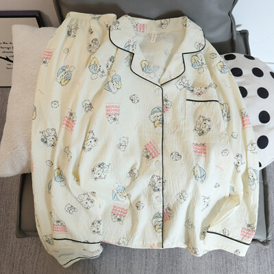 Set pijamale dama pijamale toamna 2 buc. Topuri și pantaloni cu mânecă lungă din bumbac artificial moale casual cu imprimare din bambus ținute de acasă