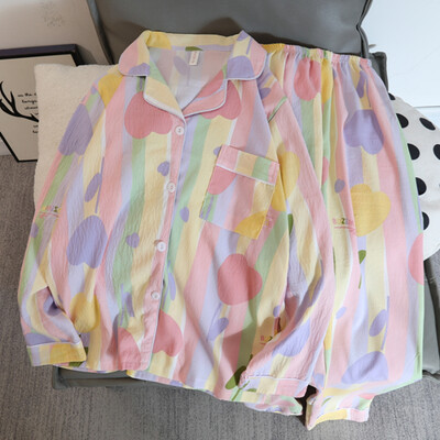 Set pijamale dama pijamale toamna 2 buc. Topuri și pantaloni cu mânecă lungă din bumbac artificial moale casual cu imprimare din bambus ținute de acasă