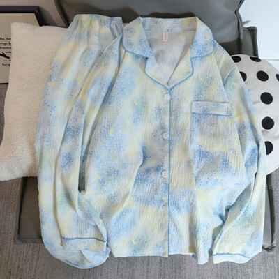 Set pijamale dama pijamale toamna 2 buc. Topuri și pantaloni cu mânecă lungă din bumbac artificial moale casual cu imprimare din bambus ținute de acasă