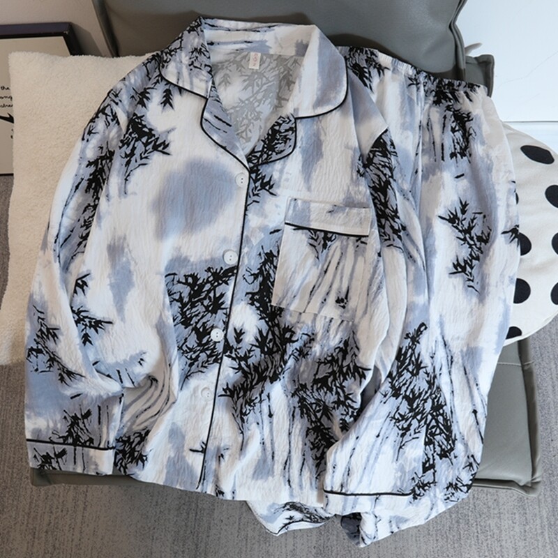 Set pijamale dama pijamale toamna 2 buc. Topuri și pantaloni cu mânecă lungă din bumbac artificial moale casual cu imprimare din bambus ținute de acasă