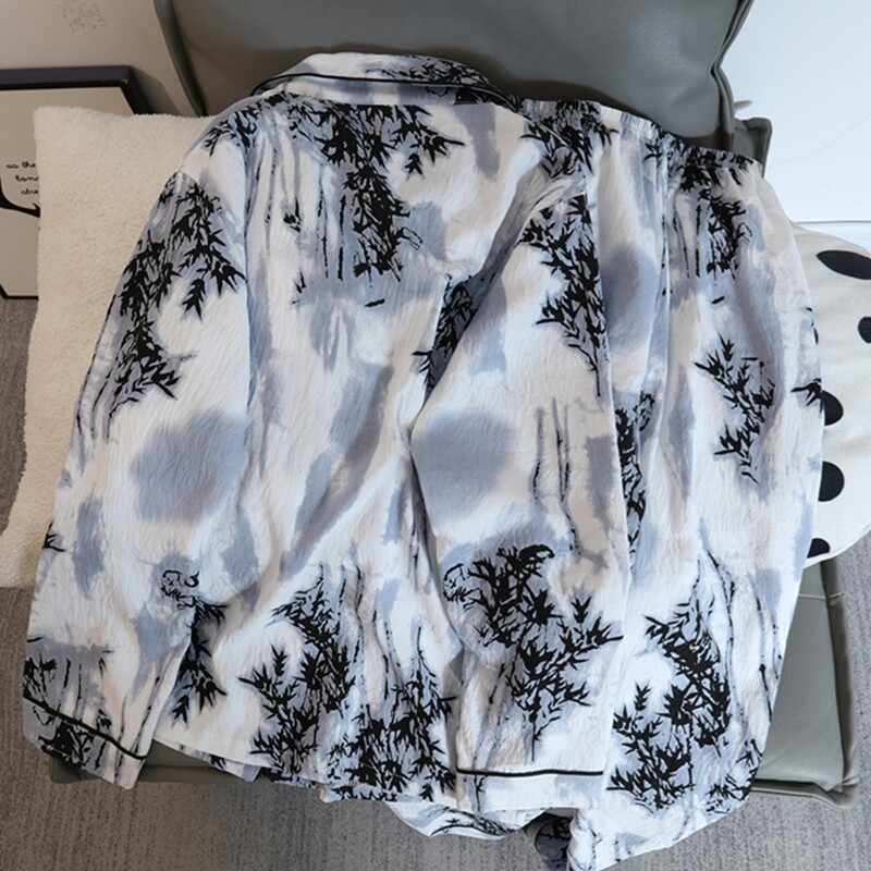 Set pijamale dama pijamale toamna 2 buc. Topuri și pantaloni cu mânecă lungă din bumbac artificial moale casual cu imprimare din bambus ținute de acasă