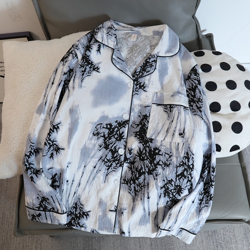 Set pijamale dama pijamale toamna 2 buc. Topuri și pantaloni cu mânecă lungă din bumbac artificial moale casual cu imprimare din bambus ținute de acasă