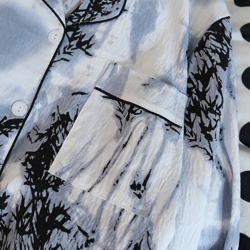 Set pijamale dama pijamale toamna 2 buc. Topuri și pantaloni cu mânecă lungă din bumbac artificial moale casual cu imprimare din bambus ținute de acasă