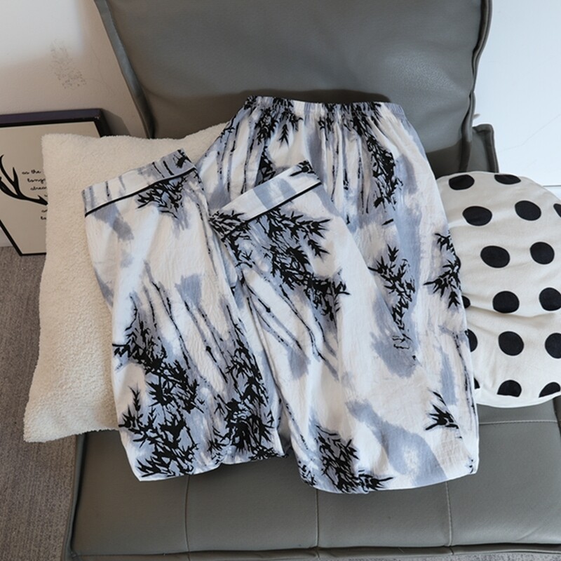 Set pijamale dama pijamale toamna 2 buc. Topuri și pantaloni cu mânecă lungă din bumbac artificial moale casual cu imprimare din bambus ținute de acasă