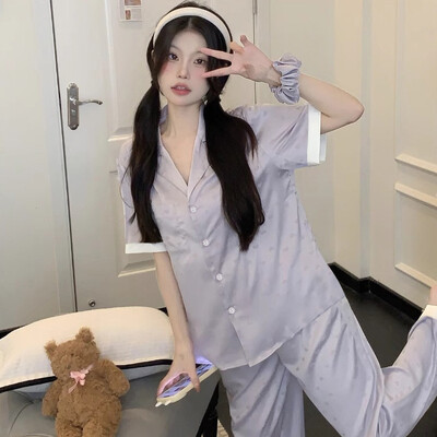 Cherry Print Φθινοπωρινό Faux Silk Satin Γυναικείες Σετ Πυτζάμες & Παντελόνια 2 τεμαχίων Sleepwear Κοντό μανίκια Nightwear Loungear για γυναίκες