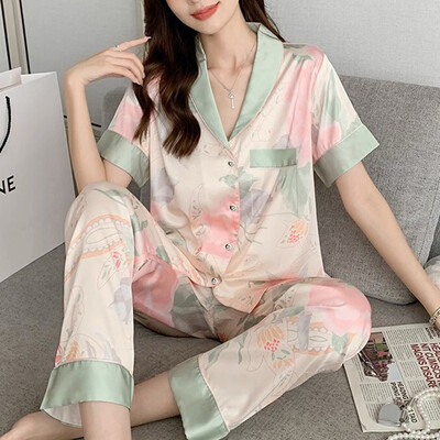 Cherry Print Φθινοπωρινό Faux Silk Satin Γυναικείες Σετ Πυτζάμες & Παντελόνια 2 τεμαχίων Sleepwear Κοντό μανίκια Nightwear Loungear για γυναίκες